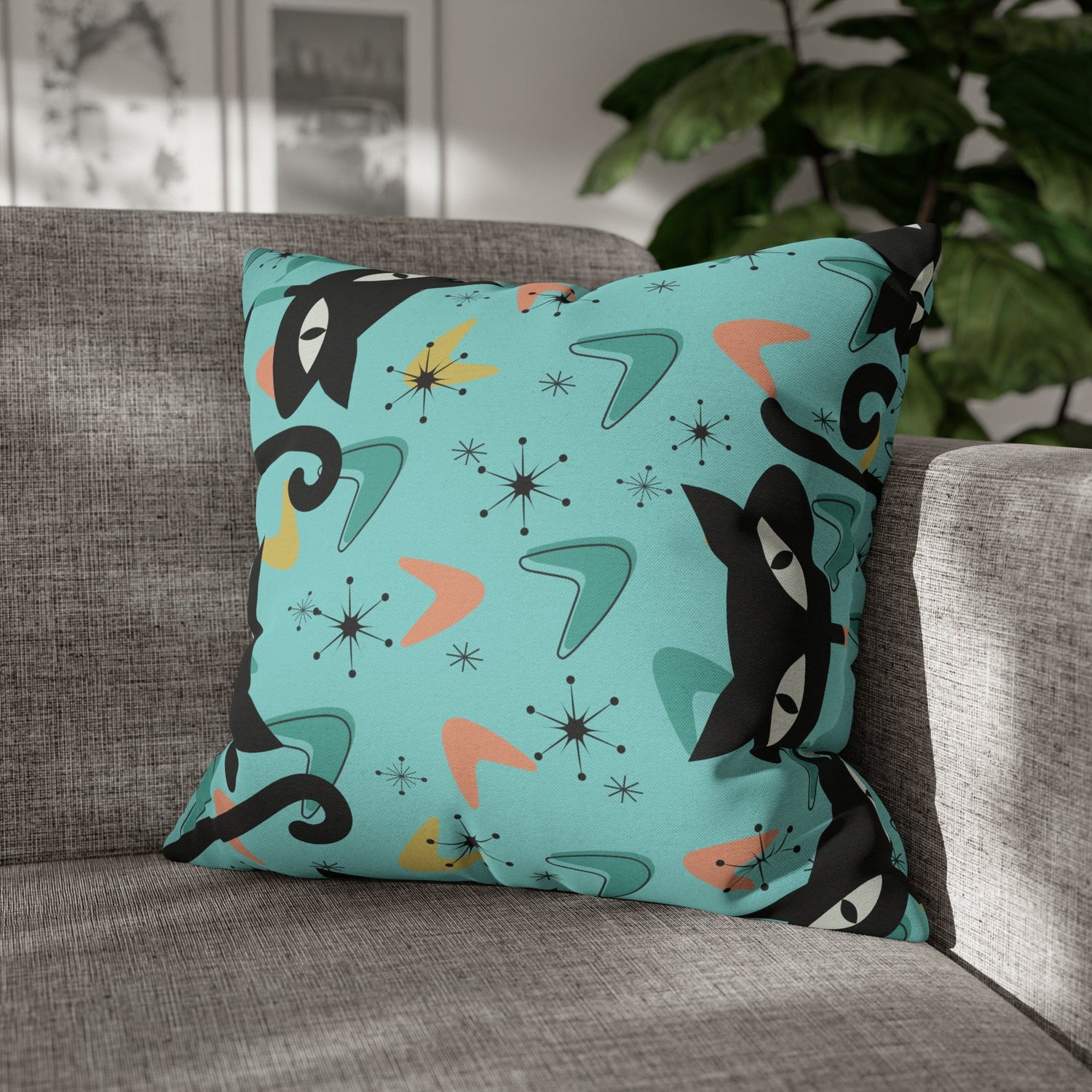 Atomic Cat Art Pillow, Quirky Cats, Cat Mom, Cat Lover, Mid Century Modern Boomerang, Sputnik Starburst Couch Cushion Cover Home Decor
