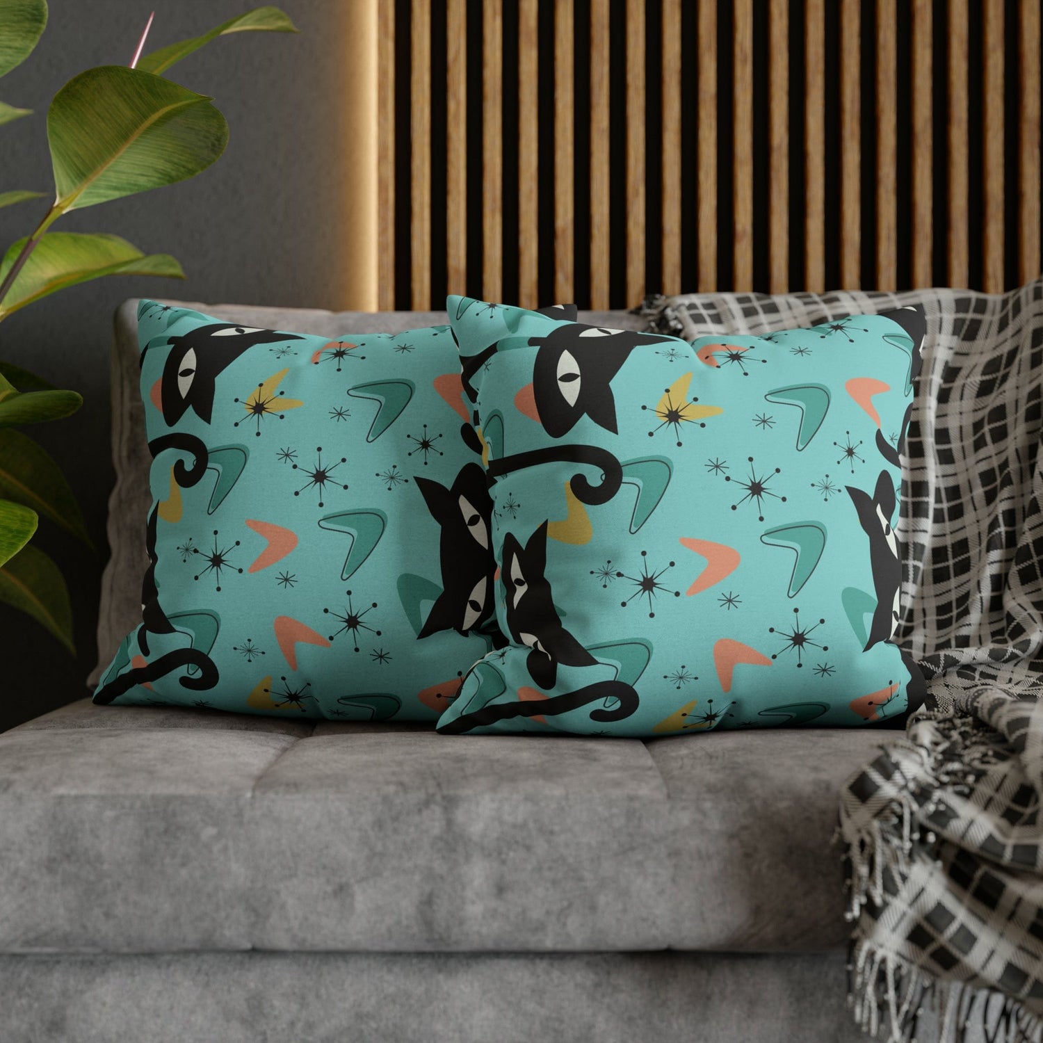 Atomic Cat Art Pillow, Quirky Cats, Cat Mom, Cat Lover, Mid Century Modern Boomerang, Sputnik Starburst Couch Cushion Cover Home Decor