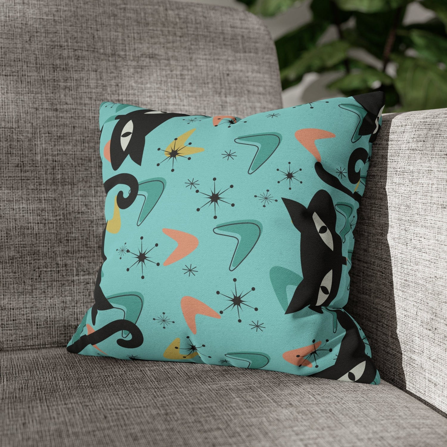 Atomic Cat Art Pillow, Quirky Cats, Cat Mom, Cat Lover, Mid Century Modern Boomerang, Sputnik Starburst Couch Cushion Cover Home Decor