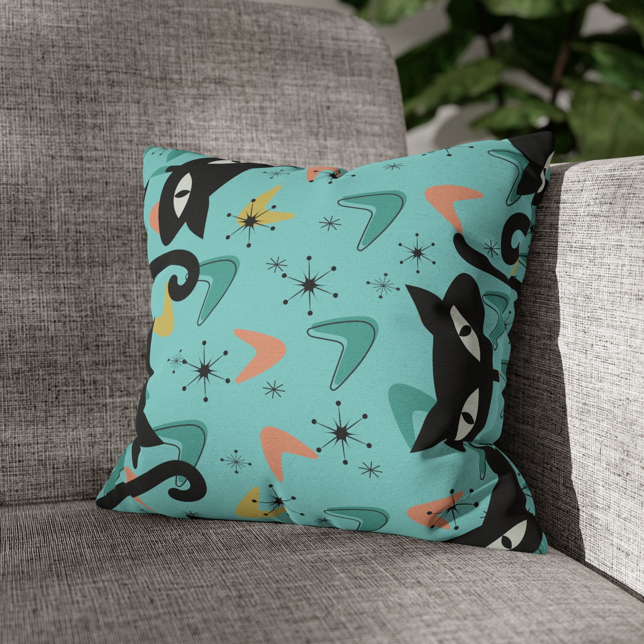 Atomic Cat Art Pillow, Quirky Cats, Cat Mom, Cat Lover, Mid Century Modern Boomerang, Sputnik Starburst Couch Cushion Cover Home Decor