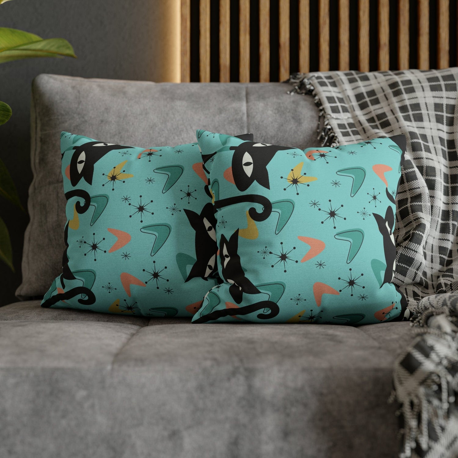 Atomic Cat Art Pillow, Quirky Cats, Cat Mom, Cat Lover, Mid Century Modern Boomerang, Sputnik Starburst Couch Cushion Cover Home Decor
