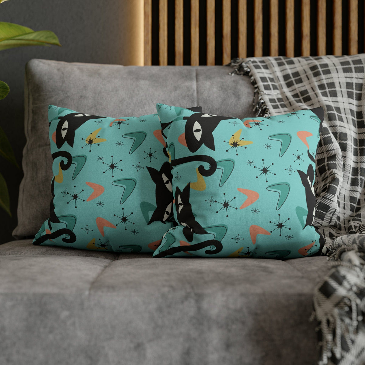 Atomic Cat Art Pillow, Quirky Cats, Cat Mom, Cat Lover, Mid Century Modern Boomerang, Sputnik Starburst Couch Cushion Cover Home Decor