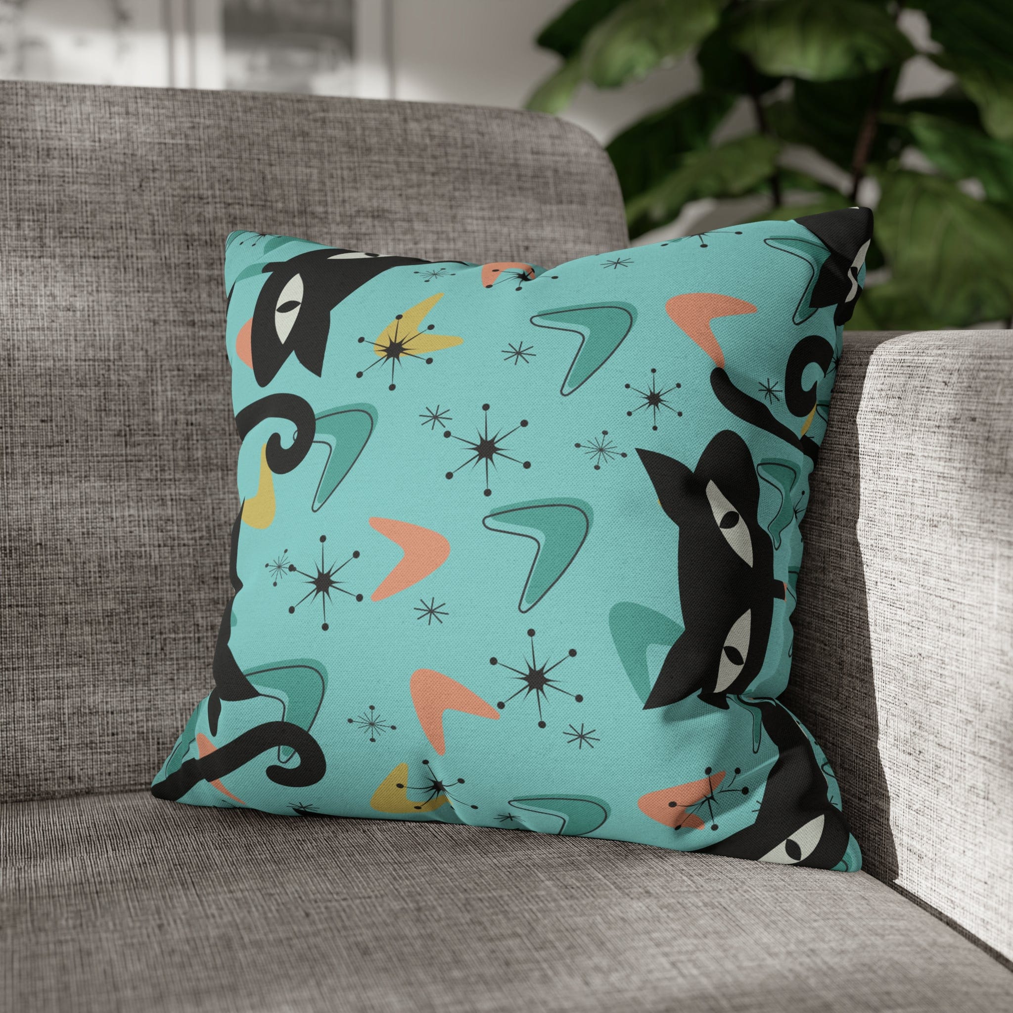 Atomic Cat Art Pillow, Quirky Cats, Cat Mom, Cat Lover, Mid Century Modern Boomerang, Sputnik Starburst Couch Cushion Cover Home Decor