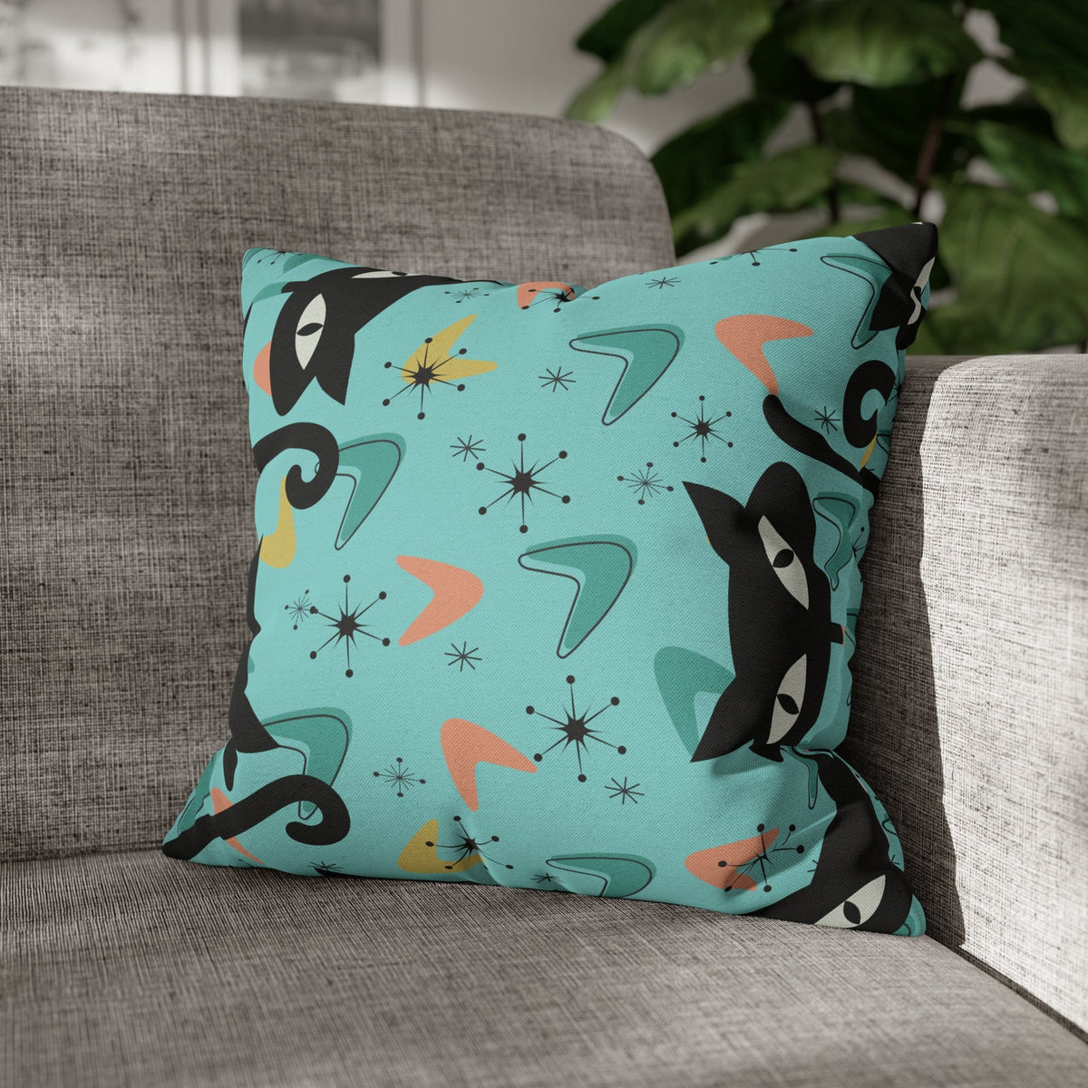 Atomic Cat Art Pillow, Quirky Cats, Cat Mom, Cat Lover, Mid Century Modern Boomerang, Sputnik Starburst Couch Cushion Cover Home Decor