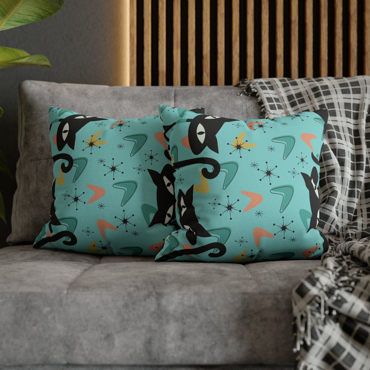 Atomic Cat Art Pillow, Quirky Cats, Cat Mom, Cat Lover, Mid Century Modern Boomerang, Sputnik Starburst Couch Cushion Cover Home Decor