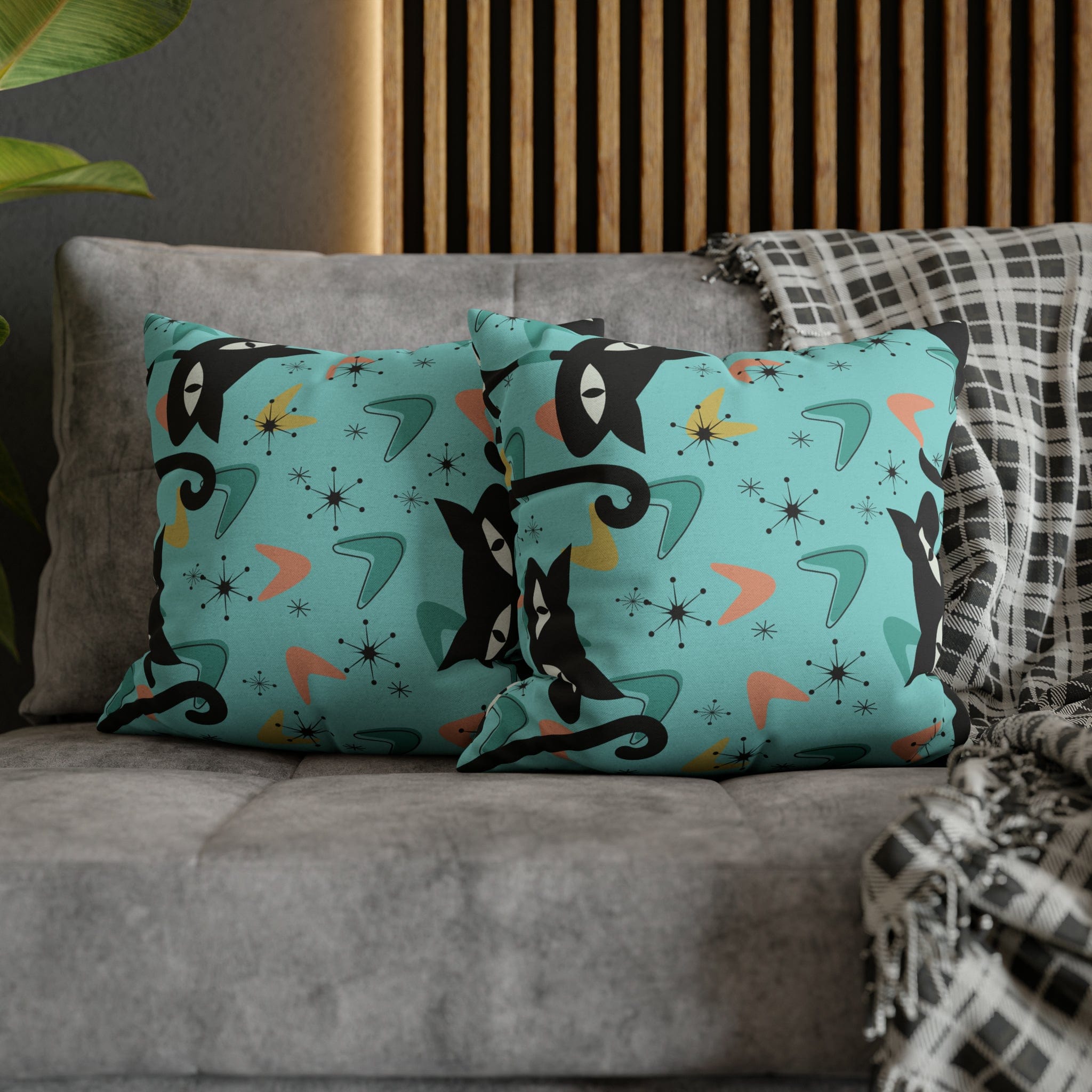 Atomic Cat Art Pillow, Quirky Cats, Cat Mom, Cat Lover, Mid Century Modern Boomerang, Sputnik Starburst Couch Cushion Cover Home Decor