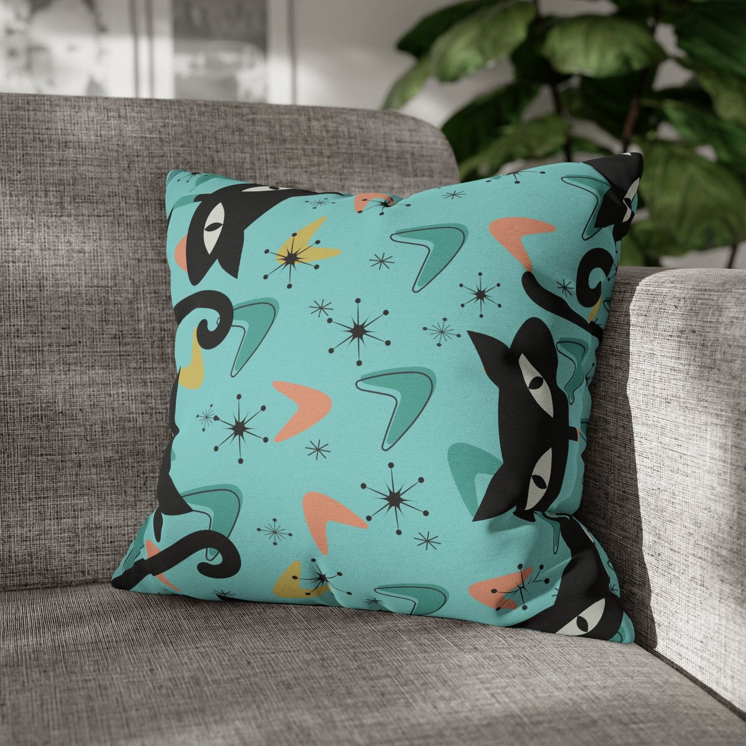 Atomic Cat Art Pillow, Quirky Cats, Cat Mom, Cat Lover, Mid Century Modern Boomerang, Sputnik Starburst Couch Cushion Cover Home Decor