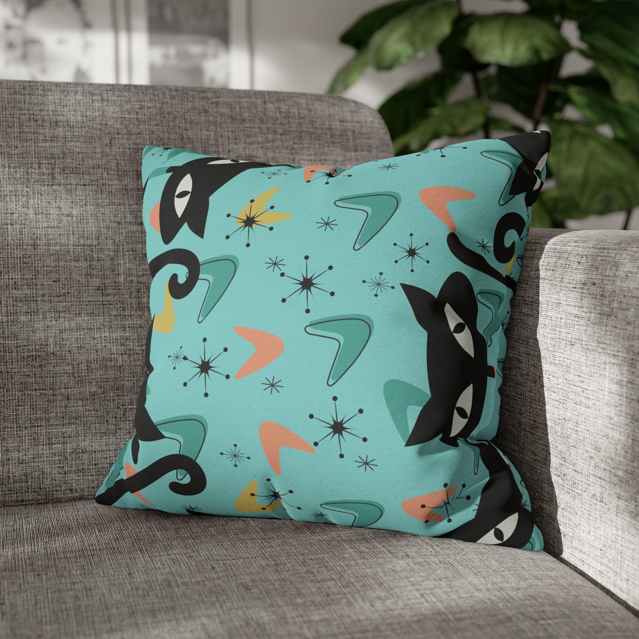 Atomic Cat Art Pillow, Quirky Cats, Cat Mom, Cat Lover, Mid Century Modern Boomerang, Sputnik Starburst Couch Cushion Cover Home Decor