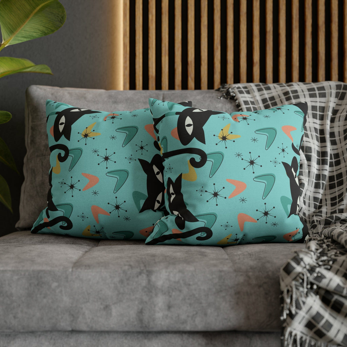 Atomic Cat Art Pillow, Quirky Cats, Cat Mom, Cat Lover, Mid Century Modern Boomerang, Sputnik Starburst Couch Cushion Cover Home Decor