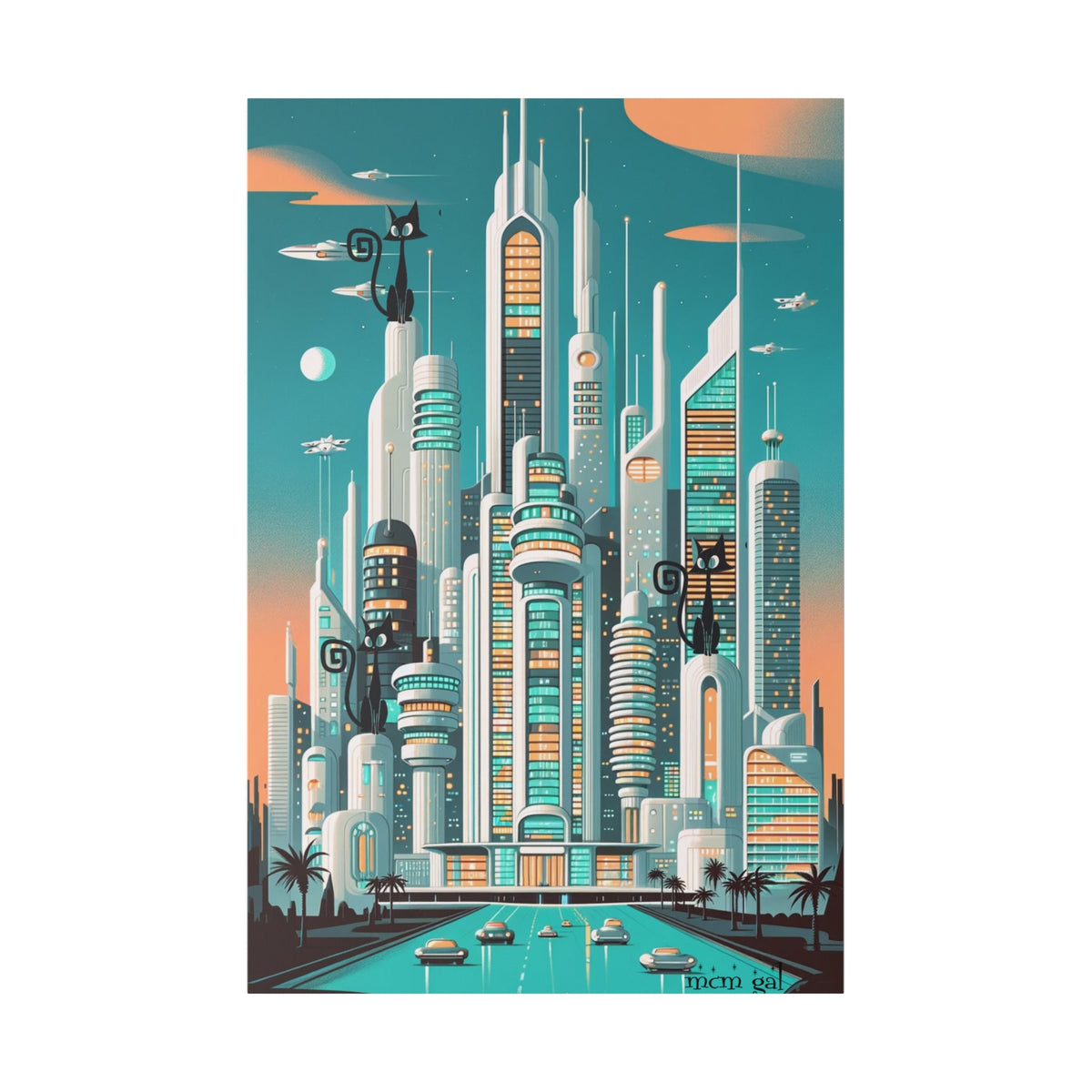 Atomic Cat, Cosmic, Sci-Fit Cat City, Mid Century Modern Matte Canvas Wall Art Canvas