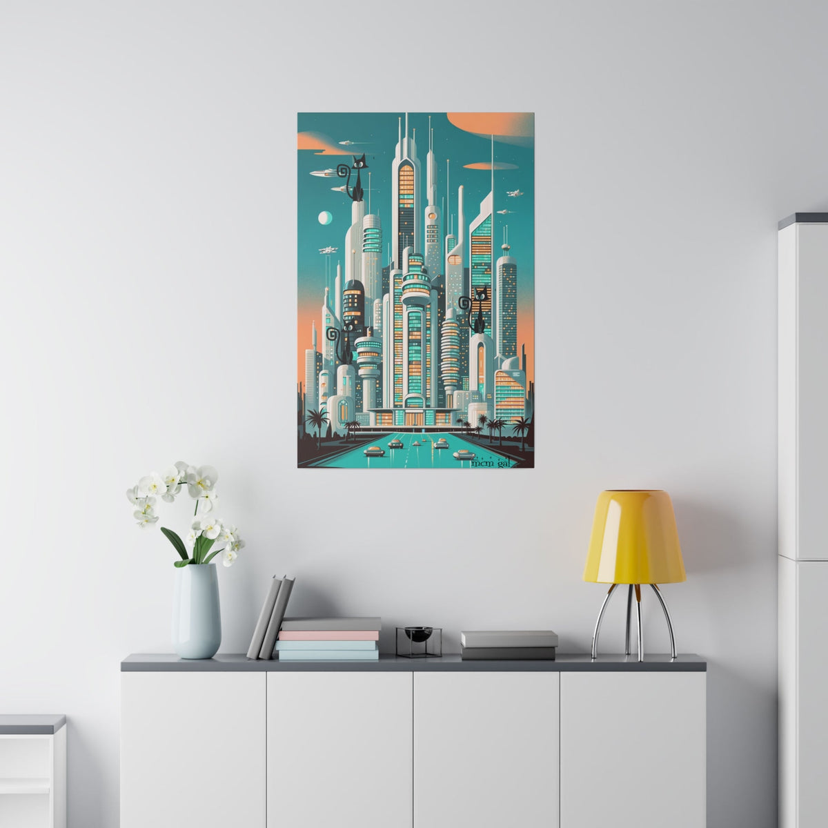 Atomic Cat, Cosmic, Sci-Fit Cat City, Mid Century Modern Matte Canvas Wall Art Canvas