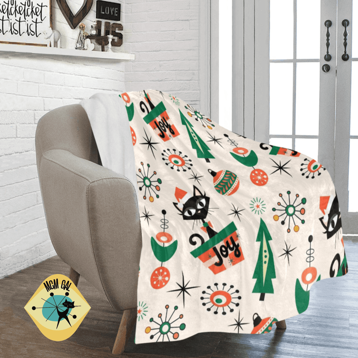Atomic Cat Designed, Mid Century Modern Kitschy Atomic 50's Christmas Joy, Retro X-Mas Ornaments, Sherpa Fleece Blanket Home Decor