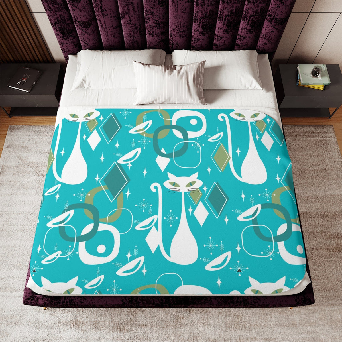 Atomic Cat Designs, Aqua Blue. Starburst, Atomic 50's Space Mod Designs, Sherpa Blanket Home Decor