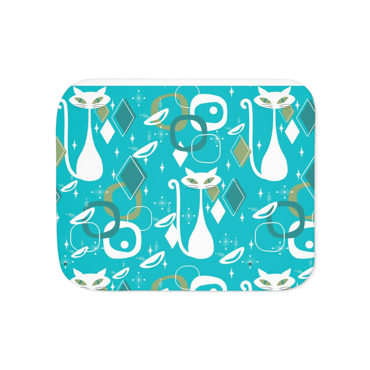 Atomic Cat Designs, Aqua Blue. Starburst, Atomic 50's Space Mod Designs, Sherpa Blanket Home Decor