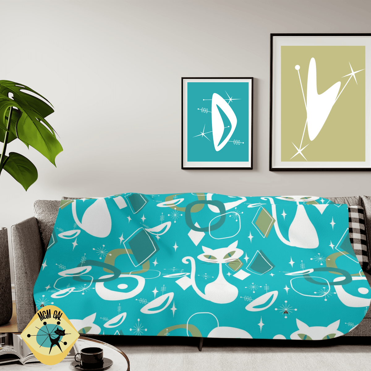 Atomic Cat Designs, Aqua Blue. Starburst, Atomic 50's Space Mod Designs, Sherpa Blanket Home Decor