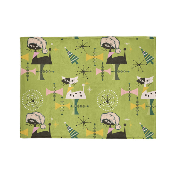 Atomic Cat Designs, Christmas Blanket, 50's Vintage Designs, Green Kitsch Fun Retro Christmas Gift Soft Polyester Blanket