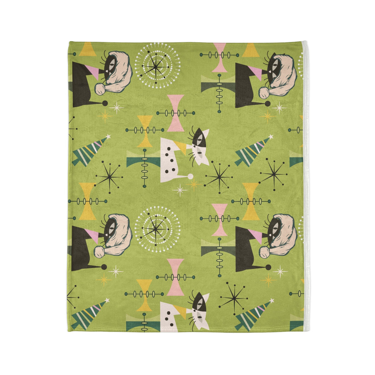 Atomic Cat Designs, Christmas Blanket, 50's Vintage Designs, Green Kitsch Fun Retro Christmas Gift Soft Polyester Blanket Home Decor