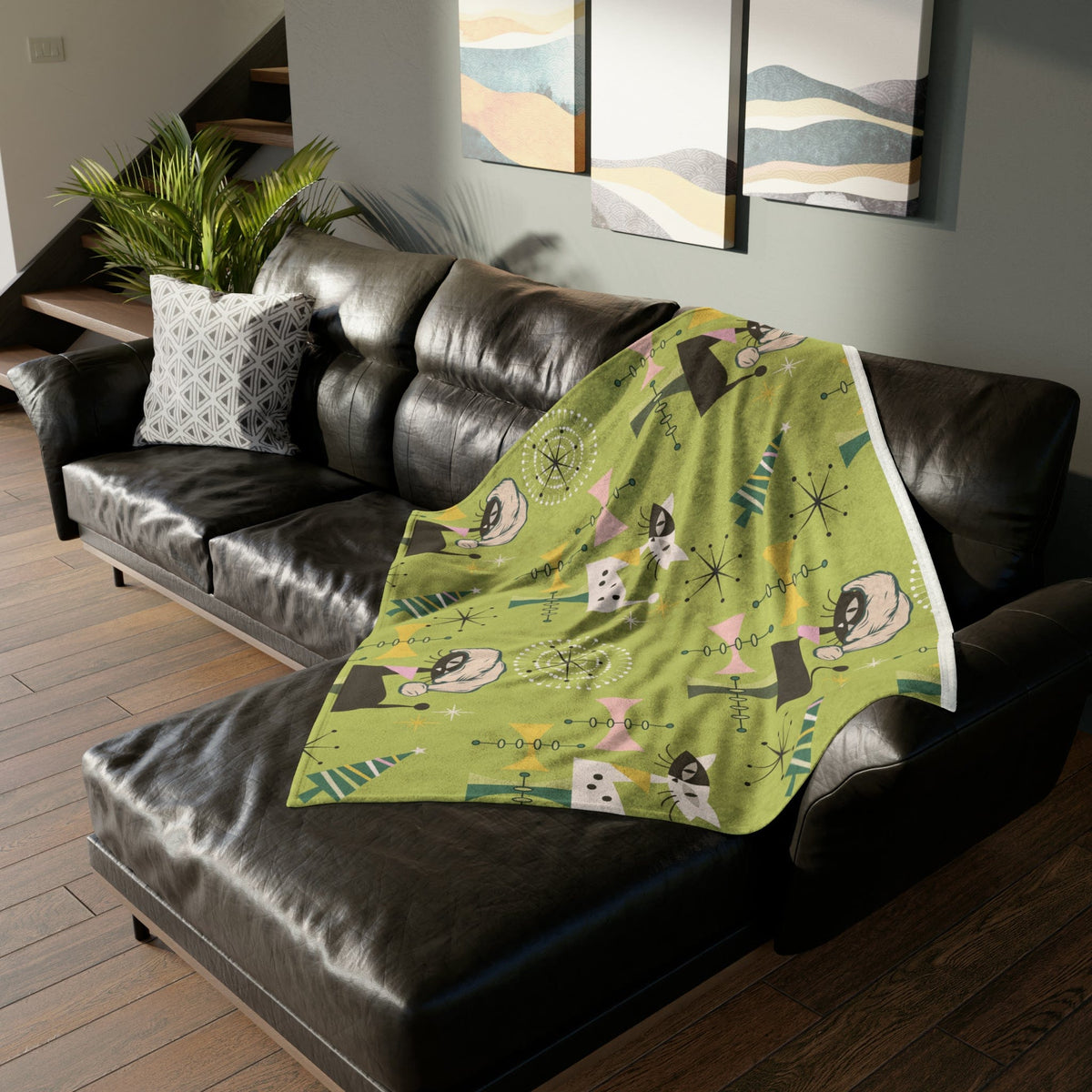 Atomic Cat Designs, Christmas Blanket, 50's Vintage Designs, Green Kitsch Fun Retro Christmas Gift Soft Polyester Blanket Home Decor