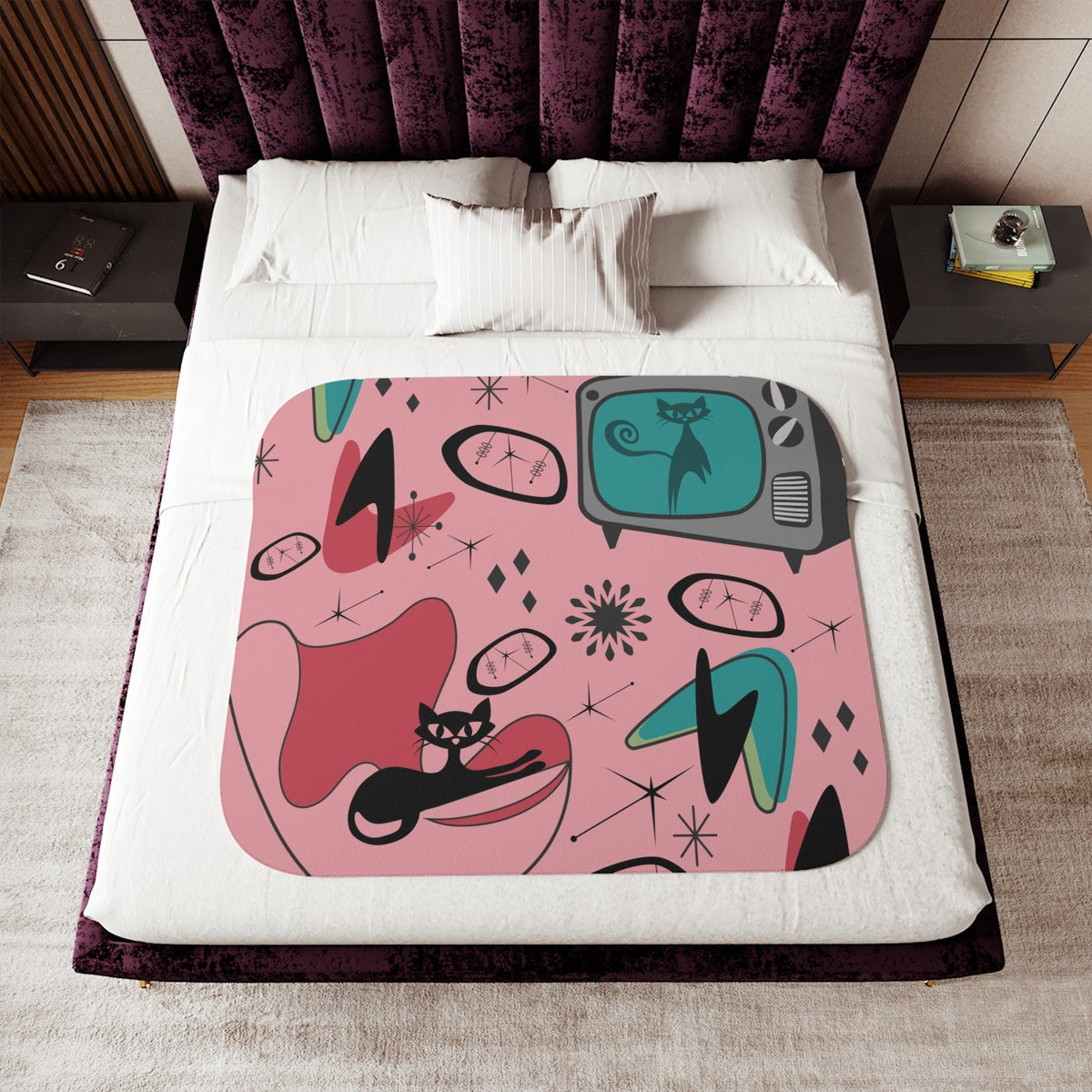 Atomic Cat Designs, Mid Century Modern, Egg Chair, Retro TV, 50's Atomic Living, Space, Kitschy Cat, Pink, Aqua Sherpa Blanket Home Decor