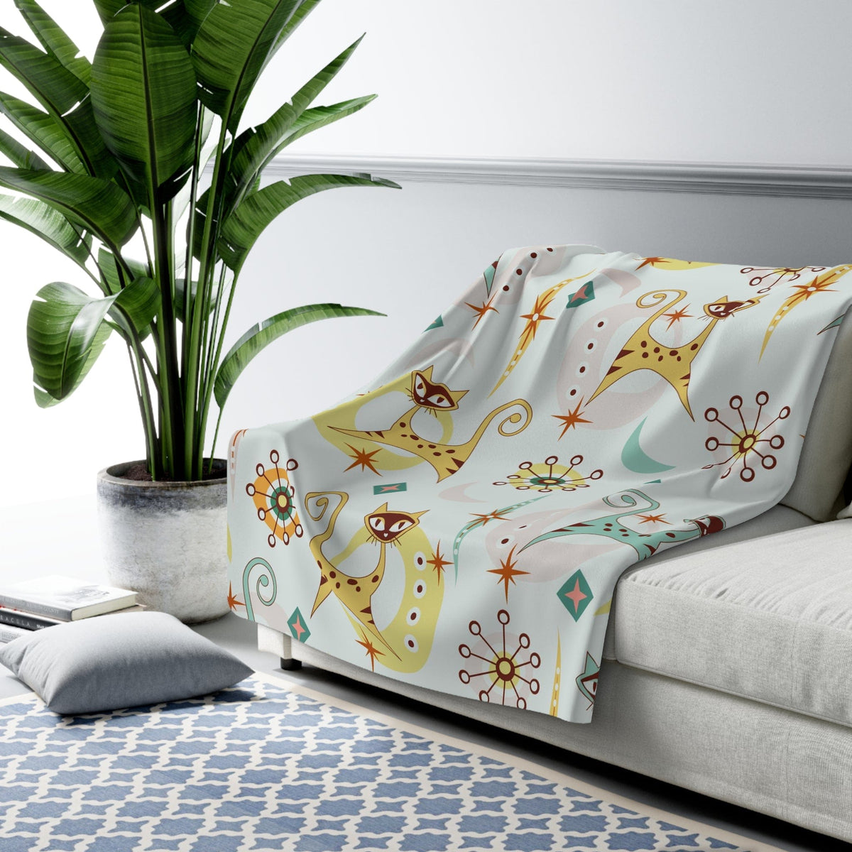 Atomic Cat Designs, Winter White, Aqua Blue, Tiger Yellow, Starburst, Boomerang 50's Style Kitschy Sherpa Fleece Blanket Gift Home Decor