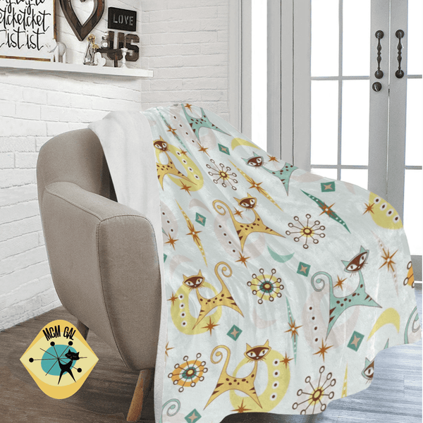 Atomic Cat Designs, Winter White, Aqua Blue, Tiger Yellow, Starburst, Boomerang 50's Style Kitschy Sherpa Fleece Blanket Gift