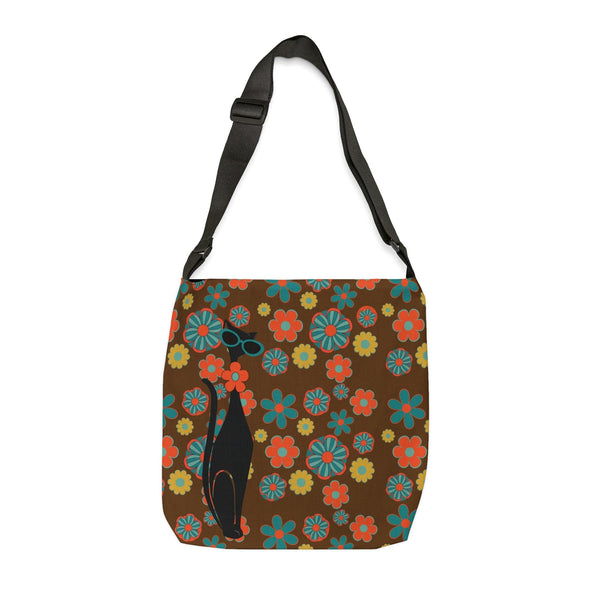 Atomic Cat, Flower Power, Hippie Style, Brown, Orange, Teal Adjustable Tote Bag