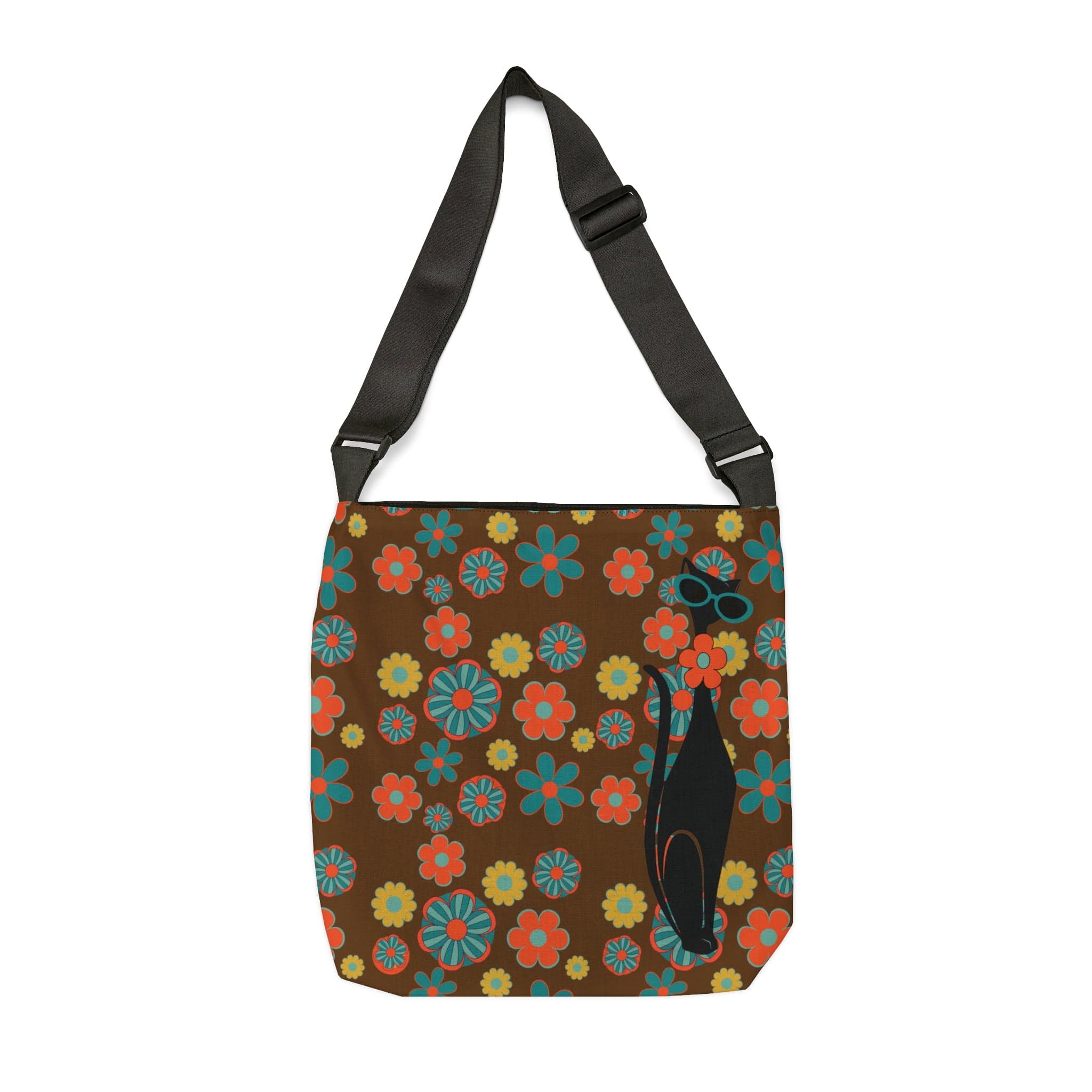 Atomic Cat, Flower Power, Hippie Style, Brown, Orange, Teal Adjustable Tote Bag Bags