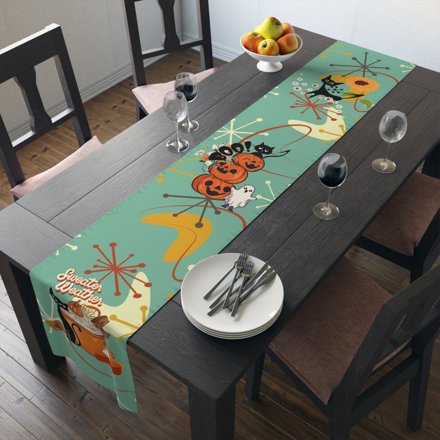 Atomic Cat Kitchen, Diningroom Table Runner, Kitschy Fall, Halloween, Seasonal Mid Century Modern Table Runner Home Decor