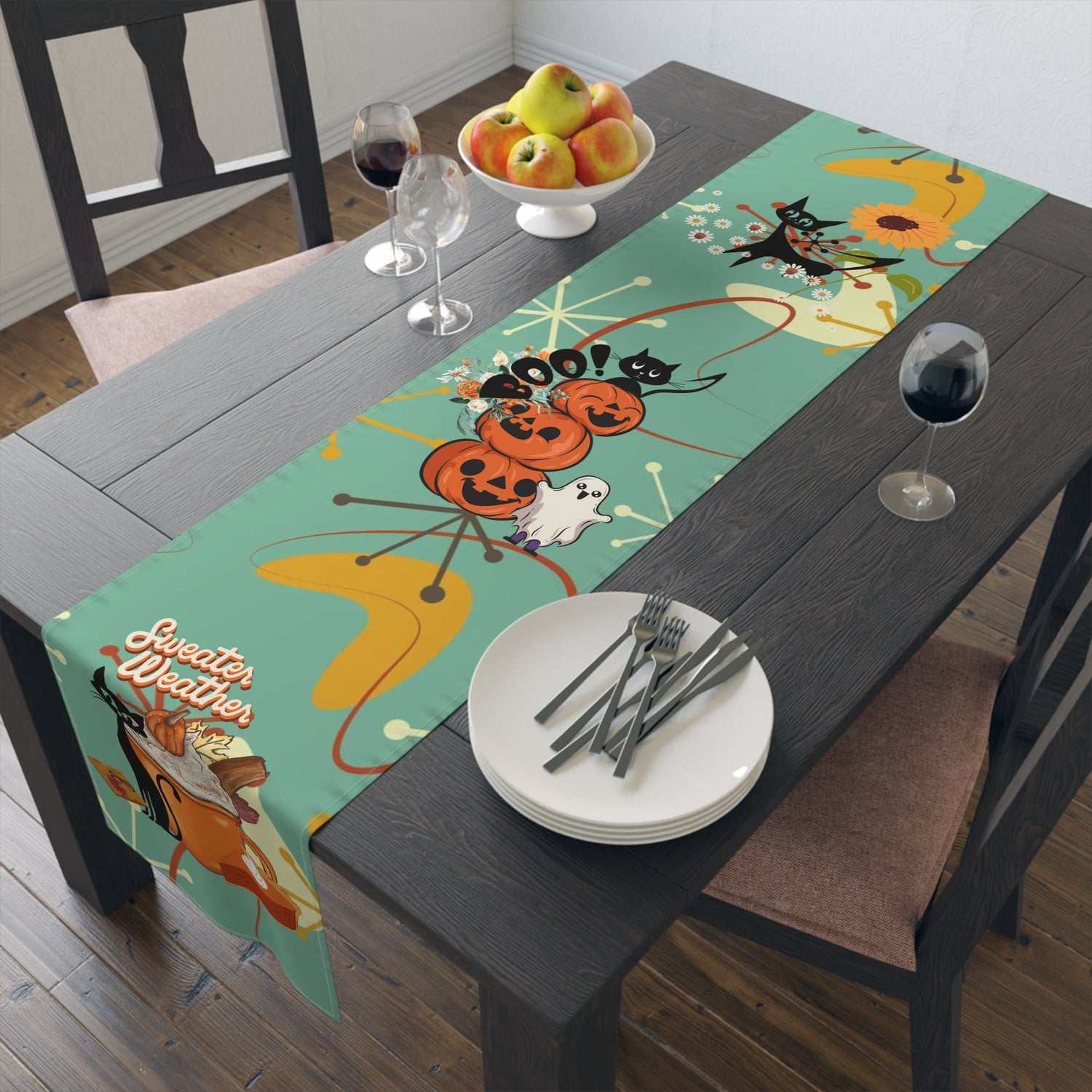 Atomic Cat Kitchen, Diningroom Table Runner, Kitschy Fall, Halloween, Seasonal Mid Century Modern Table Runner Home Decor