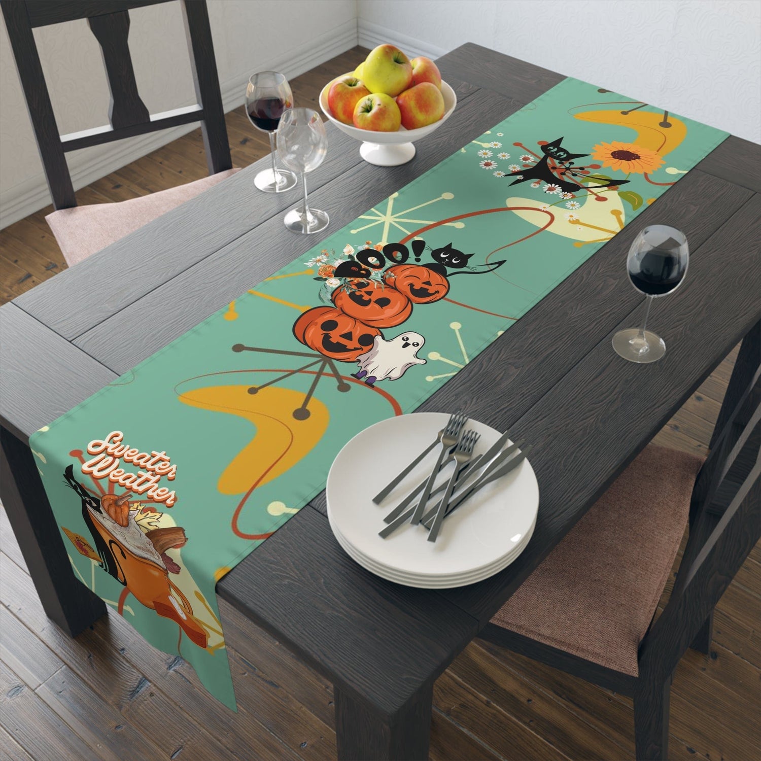 Atomic Cat Kitchen, Diningroom Table Runner, Kitschy Fall, Halloween, Seasonal Mid Century Modern Table Runner Home Decor