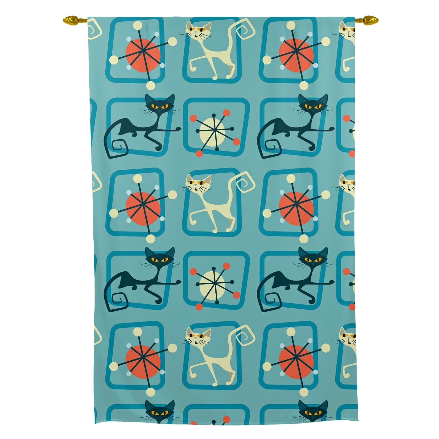 Atomic Cat, Kitschy Cute, Retro Black, White, Mod Cats, Mid Century Modern, Retro Tie Up Curtain Curtains