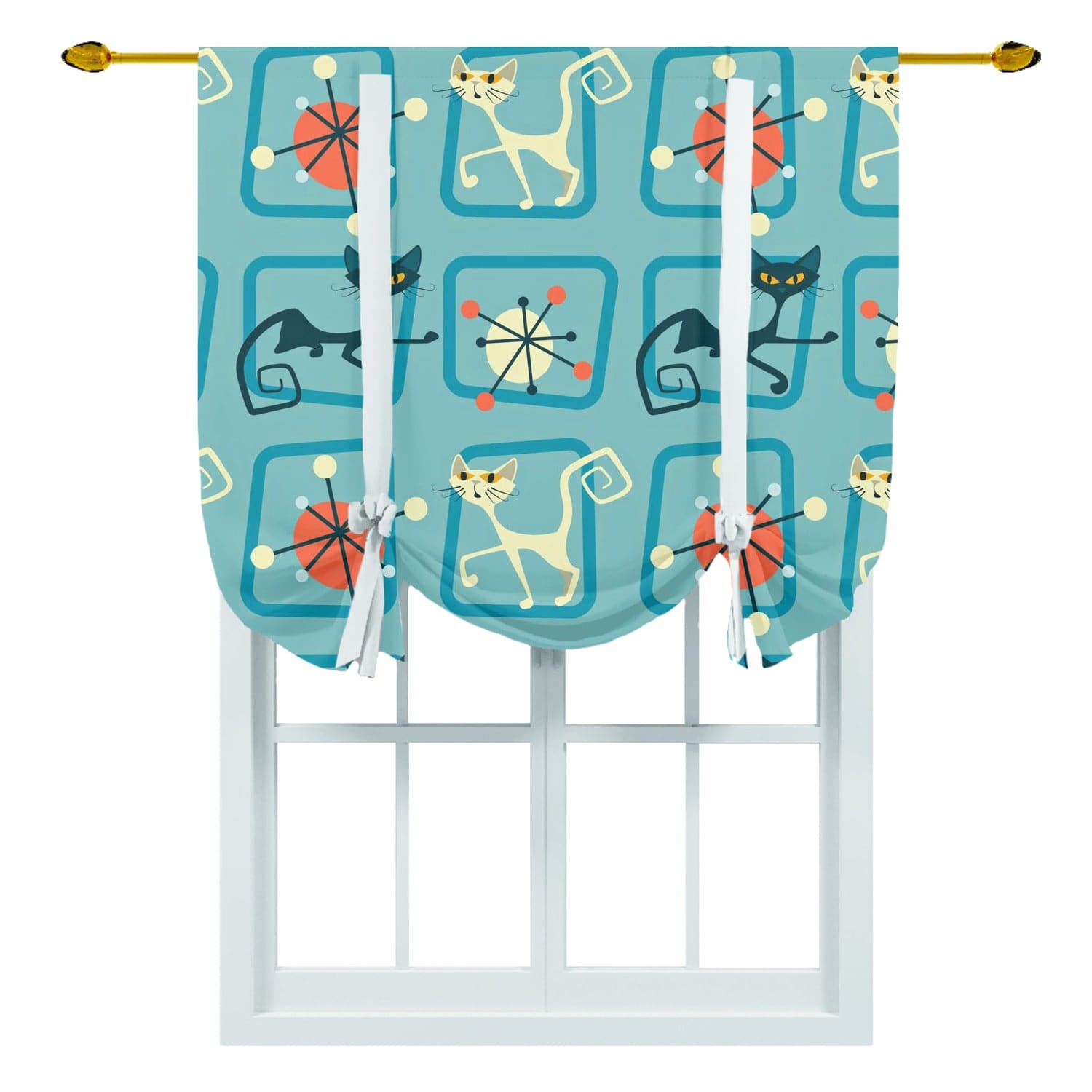Atomic Cat, Kitschy Cute, Retro Black, White, Mod Cats, Mid Century Modern, Retro Tie Up Curtain Curtains