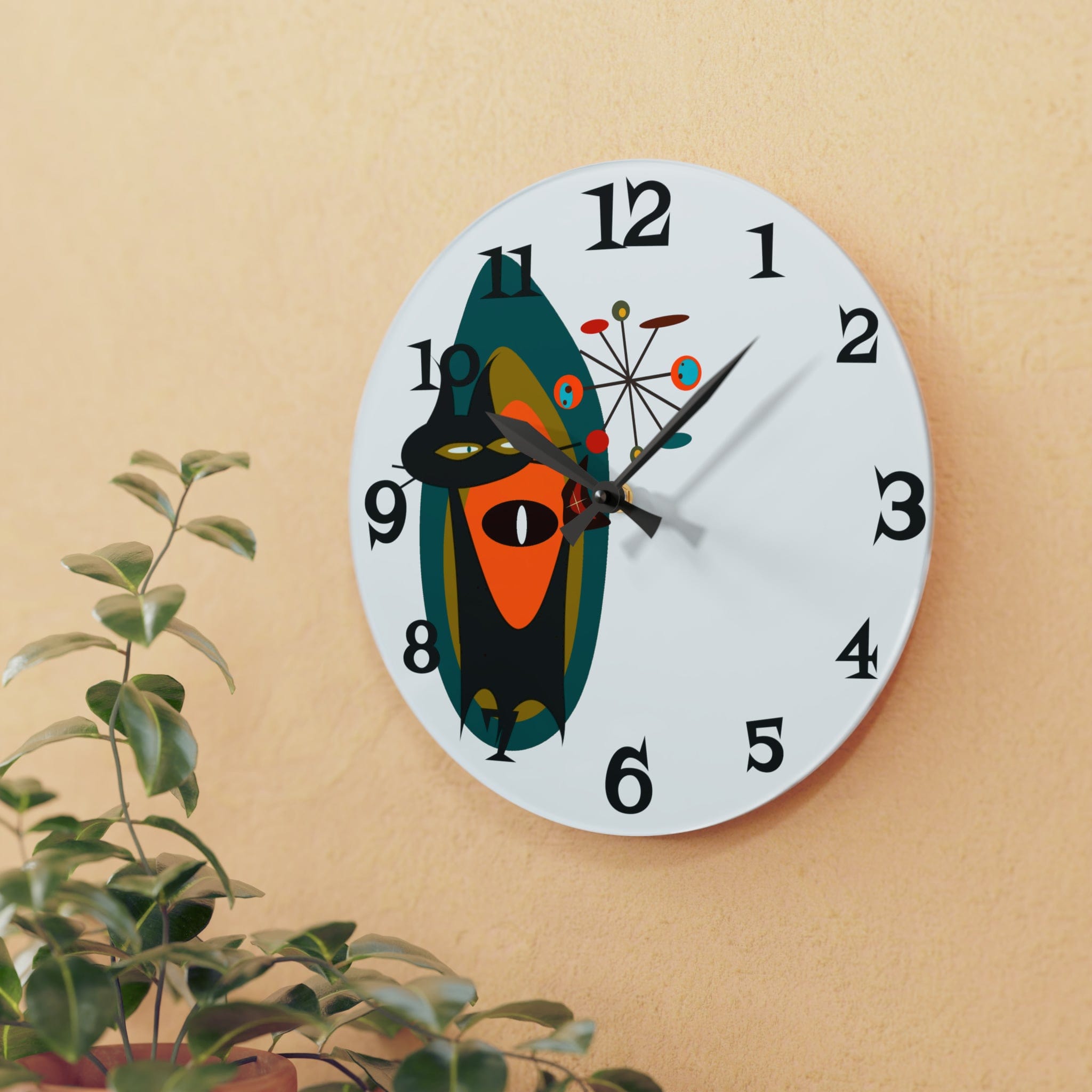 Atomic Cat, Kitschy Fun, Mid Century Modern, Acrylic Wall Clock Home Decor