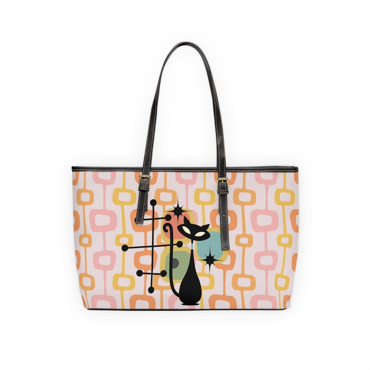 Atomic Cat, Mid Century Mod, Geometric Orange, Pink, Retro Shoulder Bag Bags
