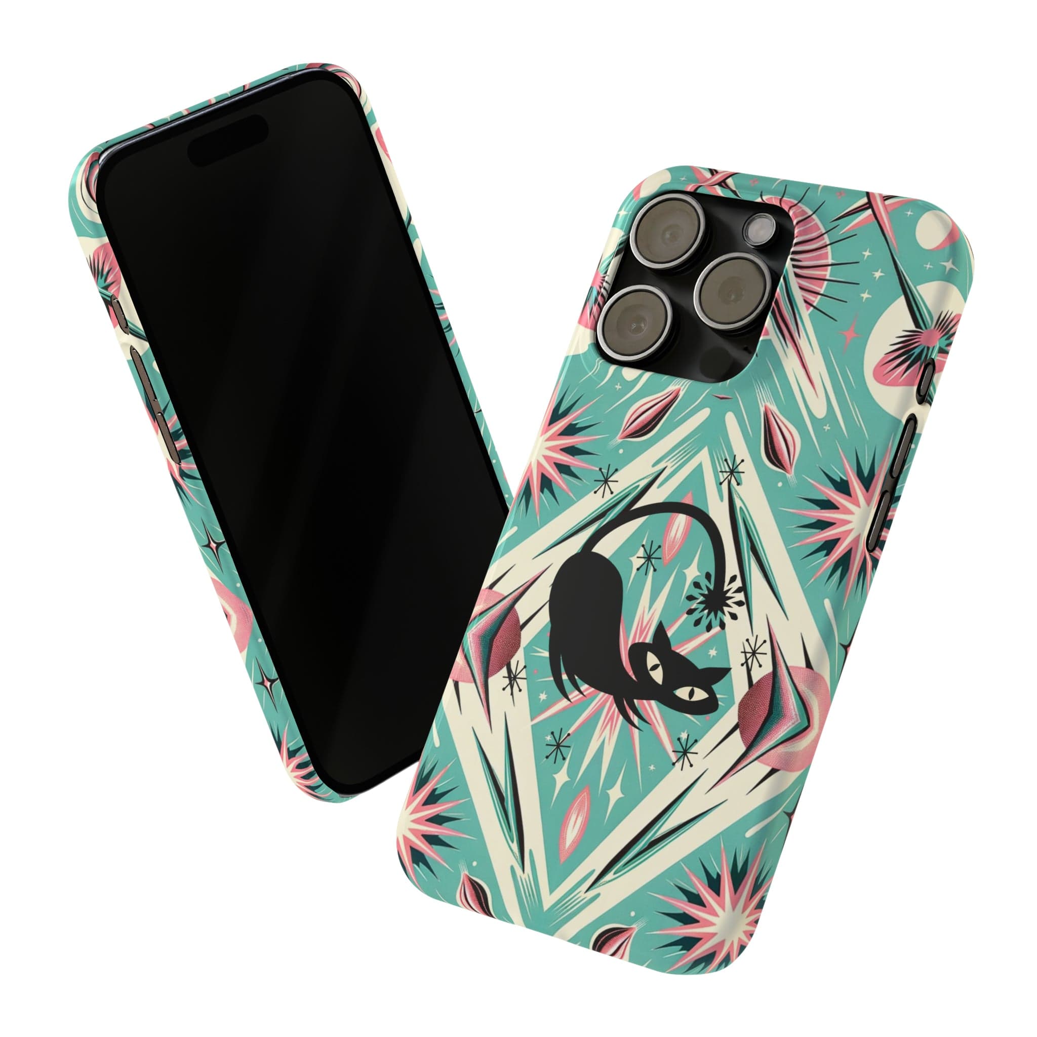 Atomic Cat, Mid Century Modern Aqua Blue, Pink, Starbursts iPhone 15 Models And More Slim Phone Cases Phone Case