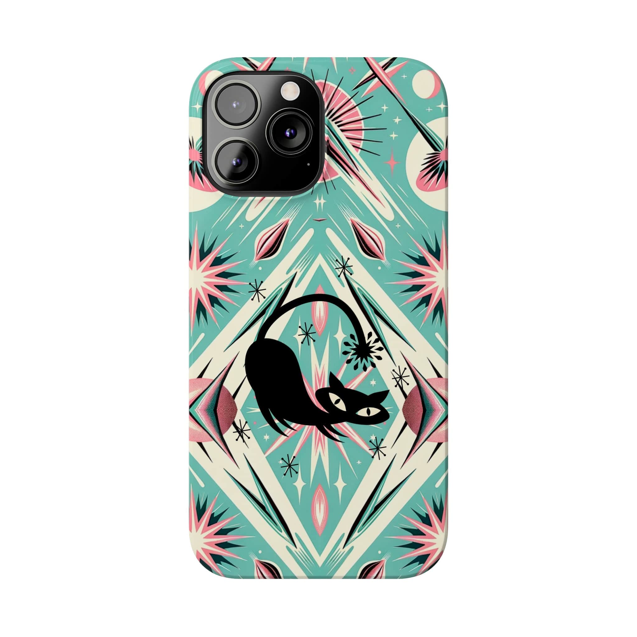 Atomic Cat, Mid Century Modern Aqua Blue, Pink, Starbursts iPhone 15 Models And More Slim Phone Cases Phone Case