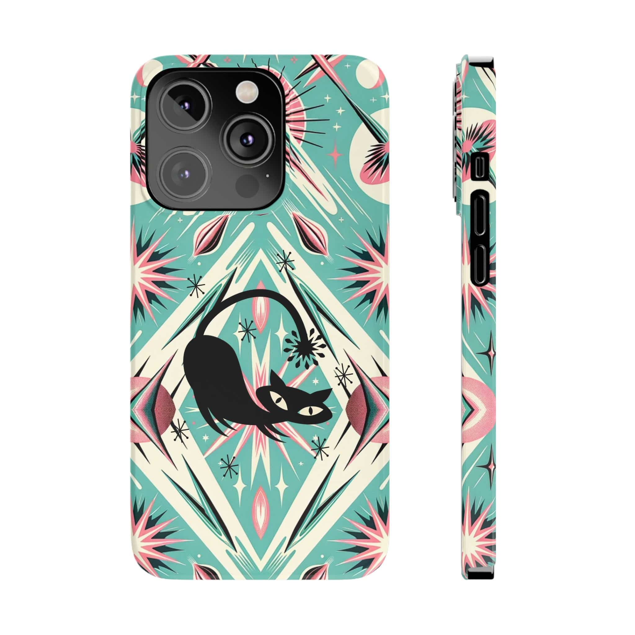 Atomic Cat, Mid Century Modern Aqua Blue, Pink, Starbursts iPhone 15 Models And More Slim Phone Cases Phone Case