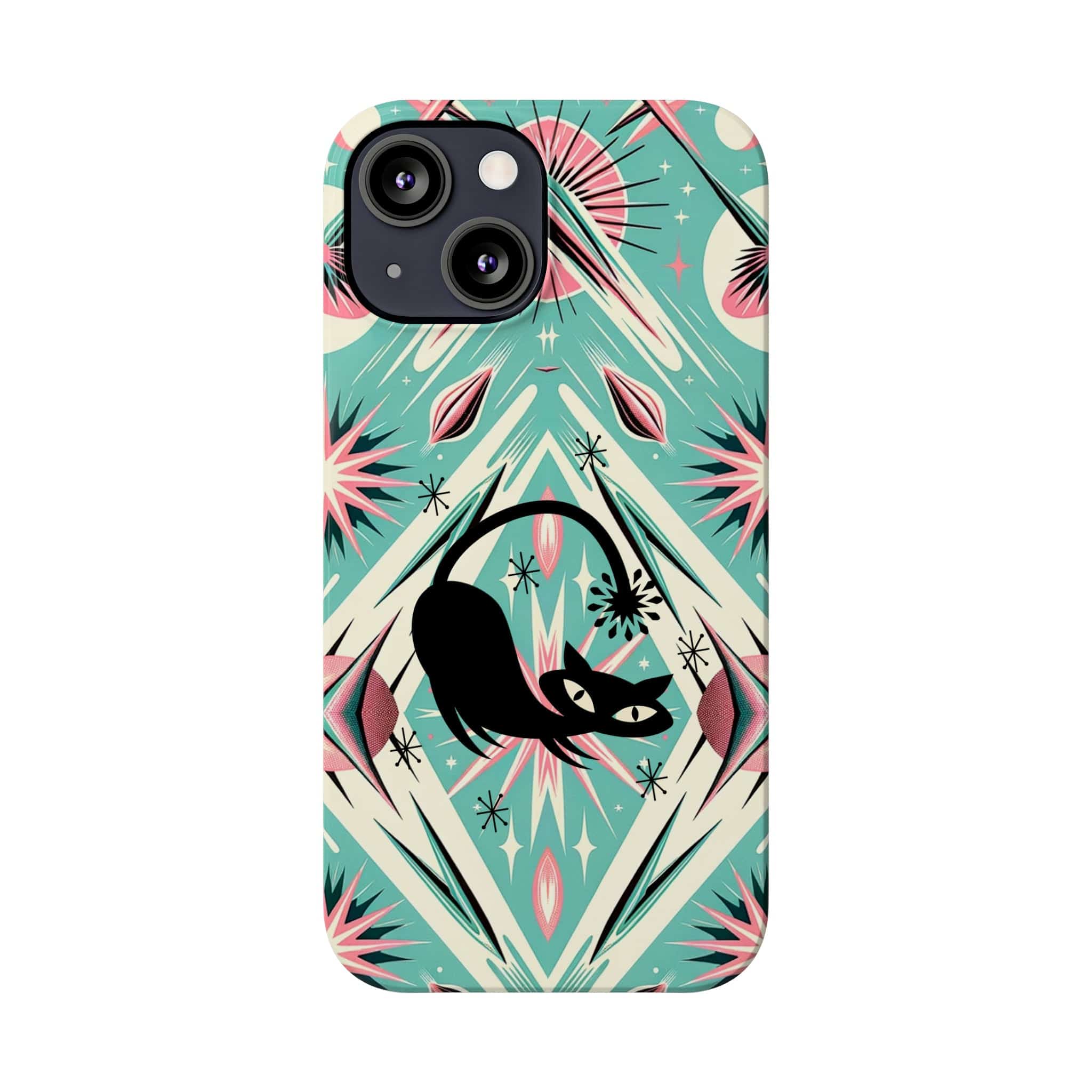 Atomic Cat, Mid Century Modern Aqua Blue, Pink, Starbursts iPhone 15 Models And More Slim Phone Cases Phone Case