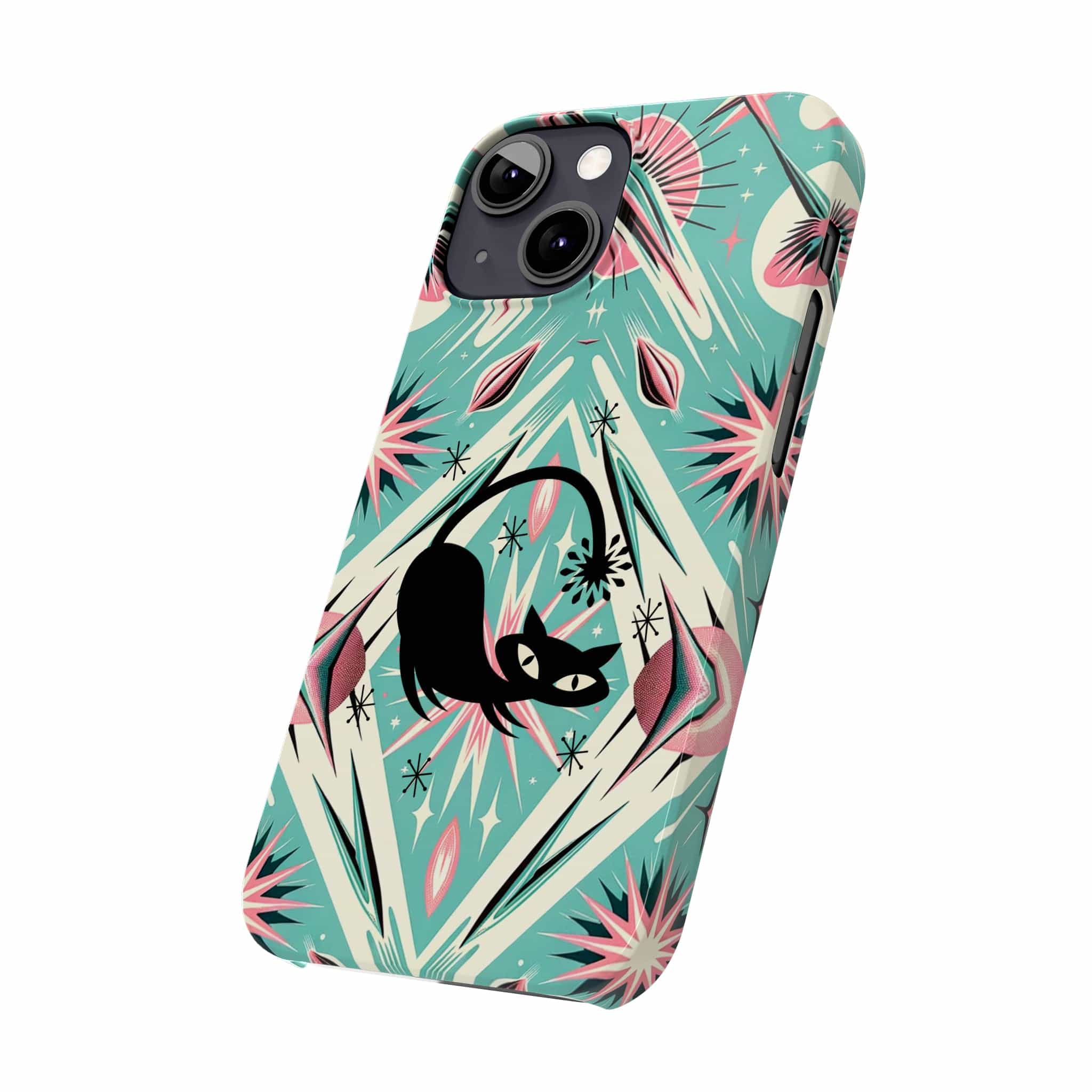 Atomic Cat, Mid Century Modern Aqua Blue, Pink, Starbursts iPhone 15 Models And More Slim Phone Cases Phone Case