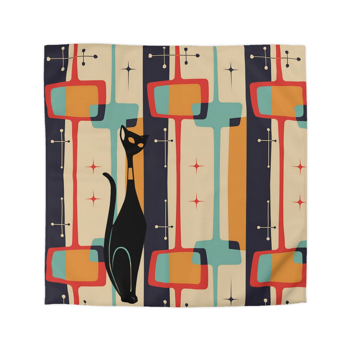 Atomic Cat, Mid Century Modern Bedding, Geometric, Slate, Beige, Burnt Orange, Golden Mustard Yellow, Aqua Blue, Retro Queen Duvet Cover Home Decor