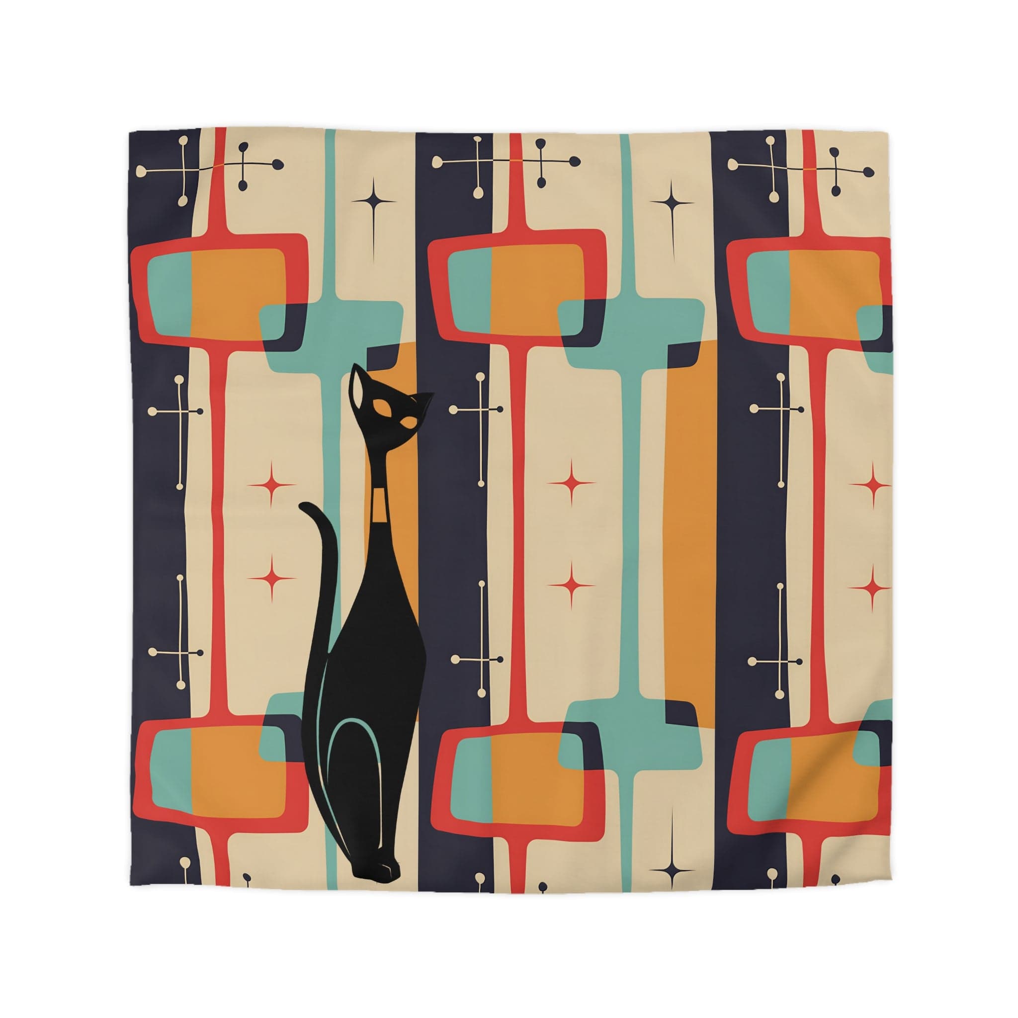 Atomic Cat, Mid Century Modern Bedding, Geometric, Slate, Beige, Burnt Orange, Golden Mustard Yellow, Aqua Blue, Retro Queen Duvet Cover Home Decor