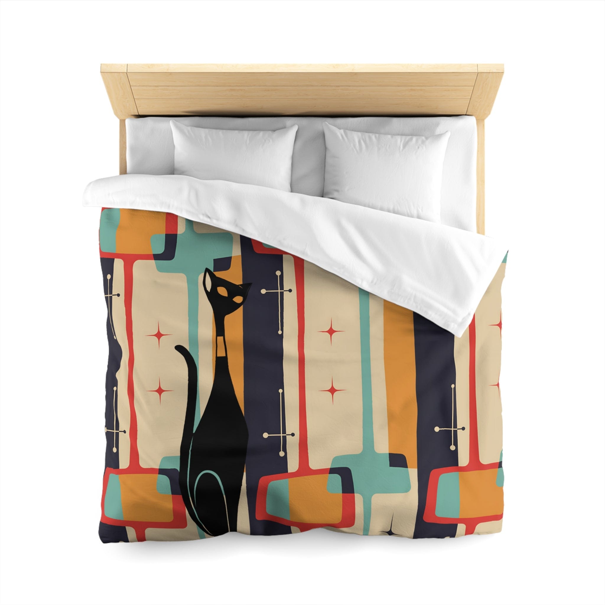 Atomic Cat, Mid Century Modern Bedding, Geometric, Slate, Beige, Burnt Orange, Golden Mustard Yellow, Aqua Blue, Retro Queen Duvet Cover Home Decor