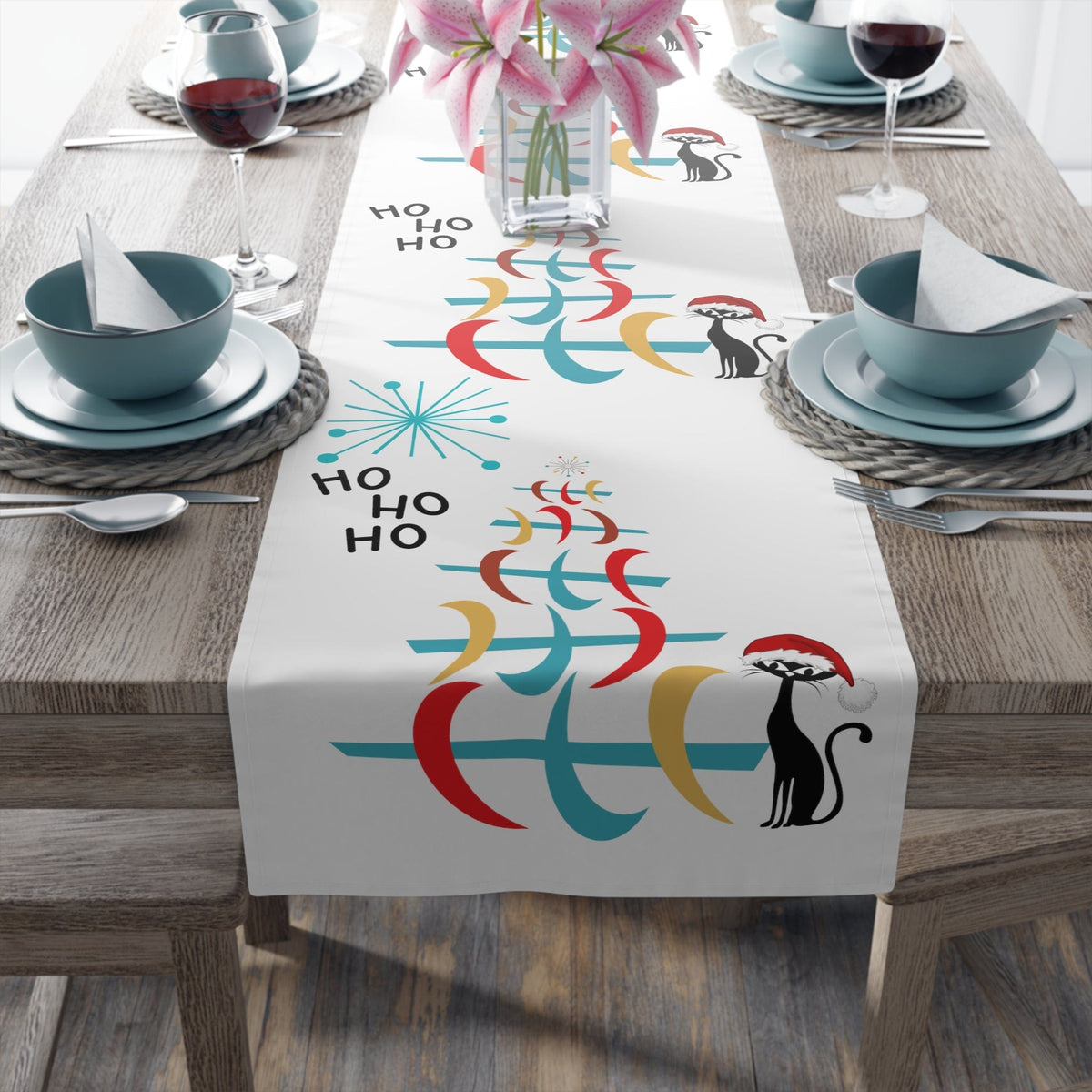 Atomic Cat, Mid Century Modern Christmas, Holiday, Winter, Kitschy Cute, Christmas Table Runner Home Decor