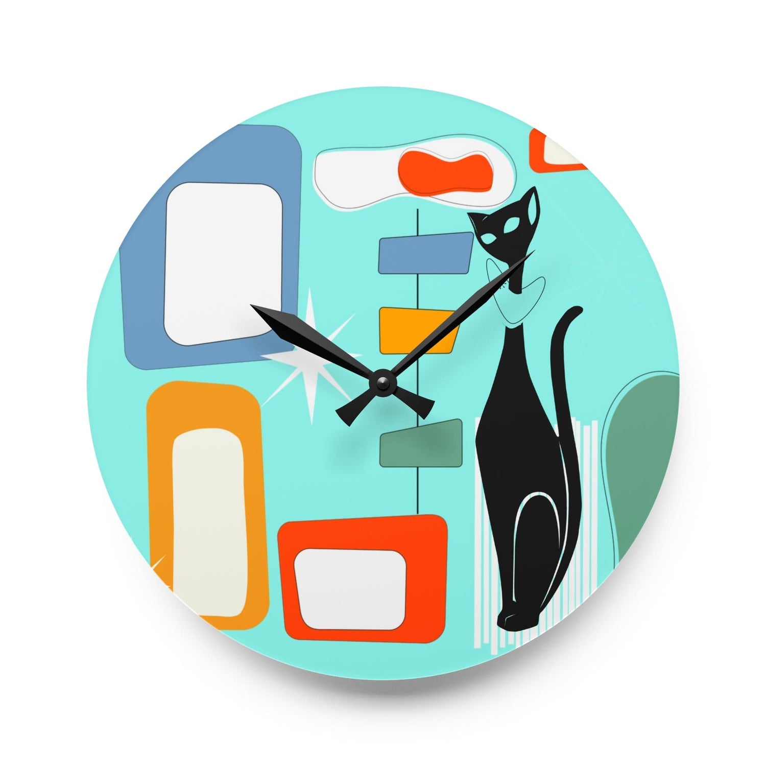 Atomic Cat Mid Century Modern, Geometric Aqua, Retro Acrylic Wall Clock Home Decor