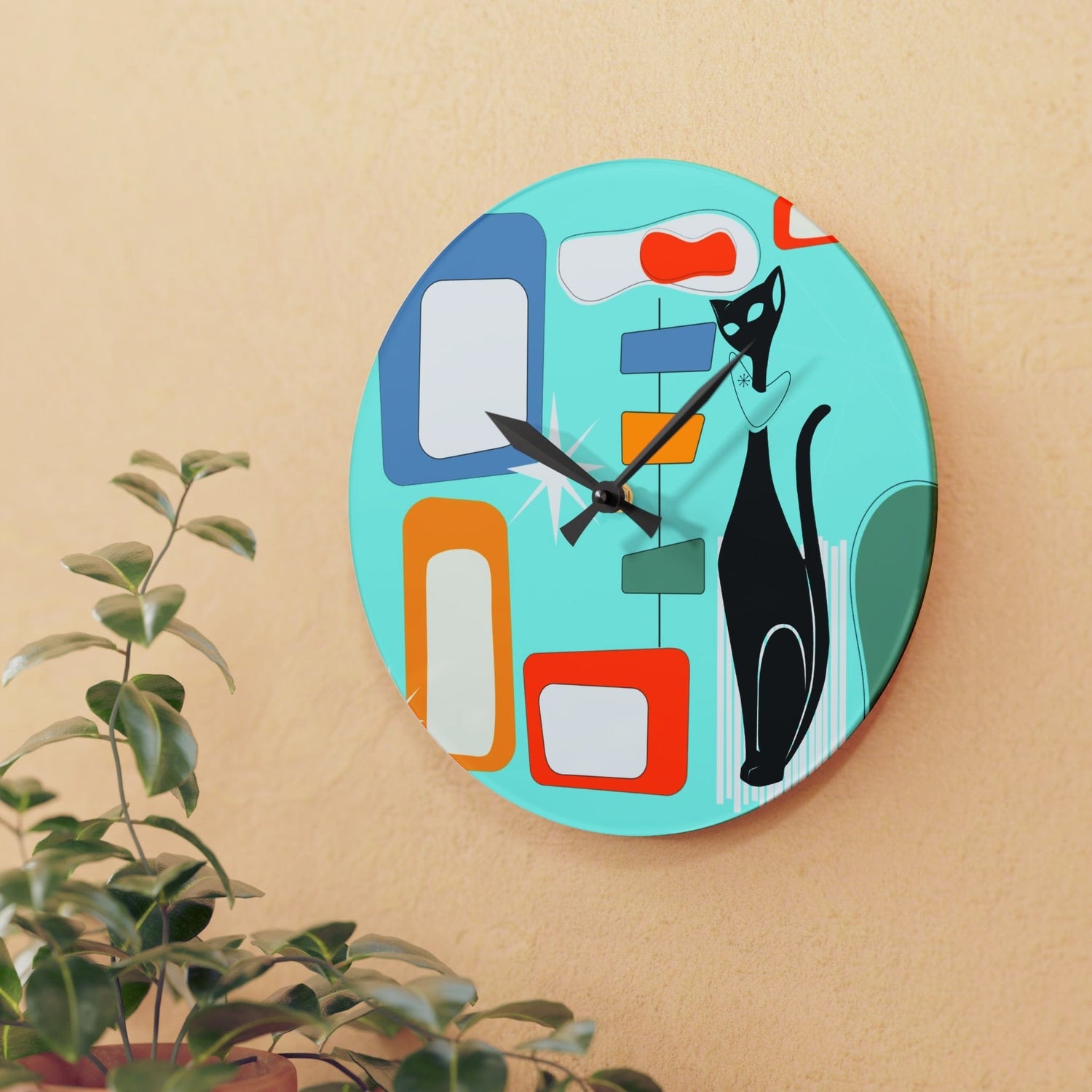 Atomic Cat Mid Century Modern, Geometric Aqua, Retro Acrylic Wall Clock Home Decor