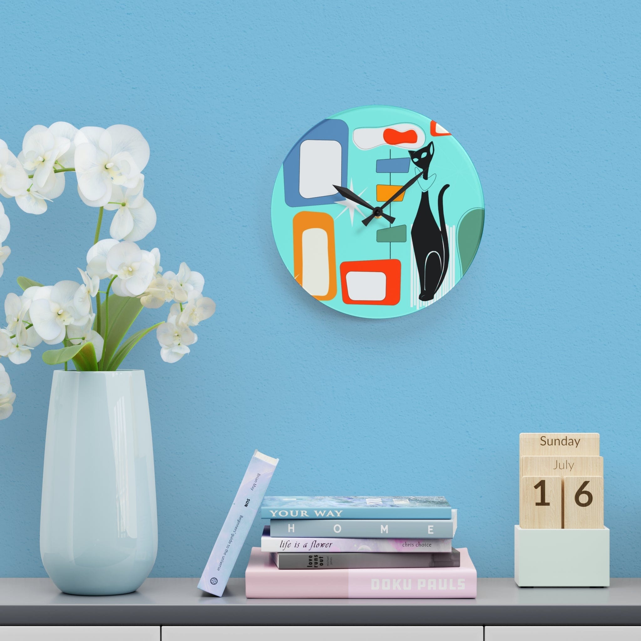 Atomic Cat Mid Century Modern, Geometric Aqua, Retro Acrylic Wall Clock Home Decor