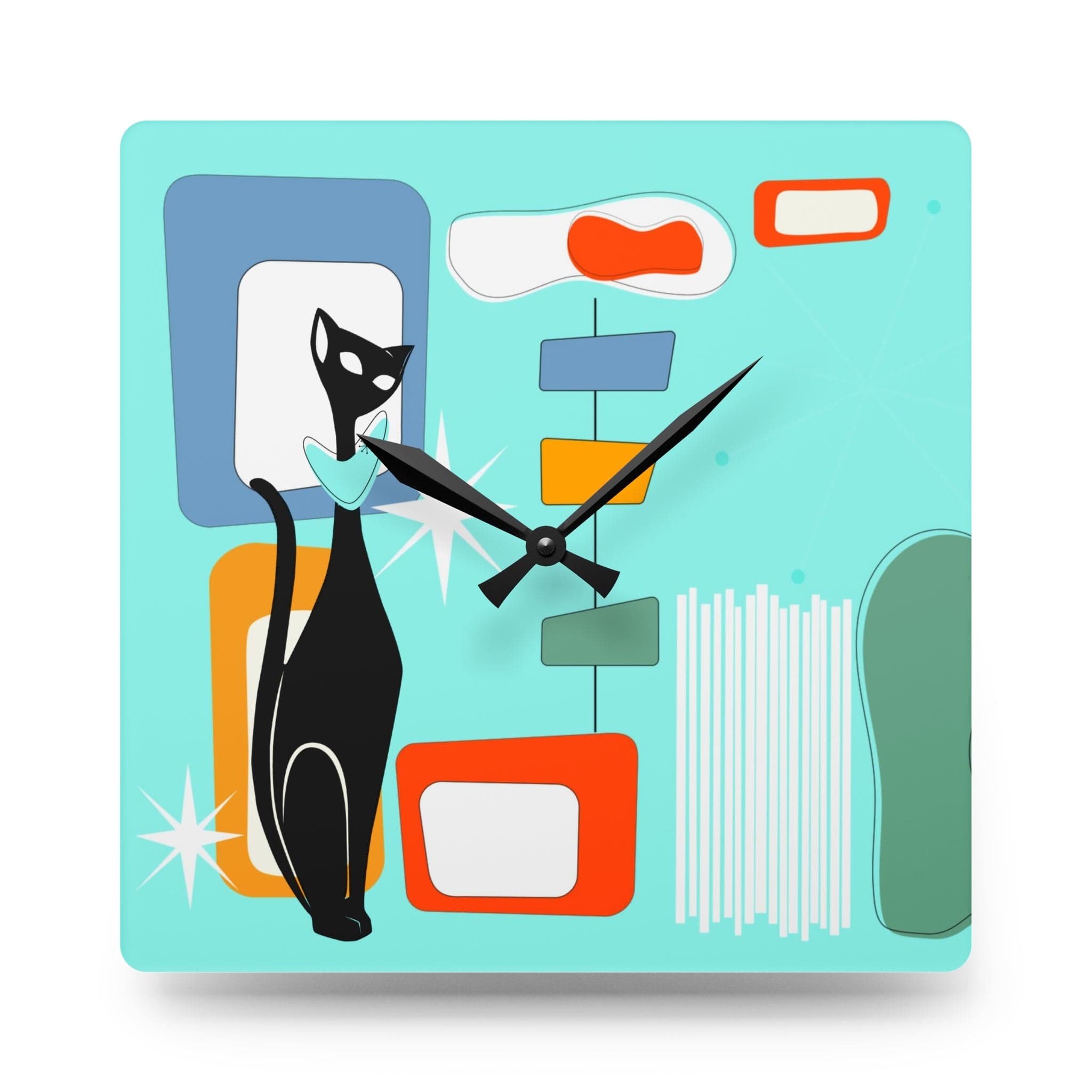 Atomic Cat Mid Century Modern, Geometric Aqua, Retro Acrylic Wall Clock Home Decor