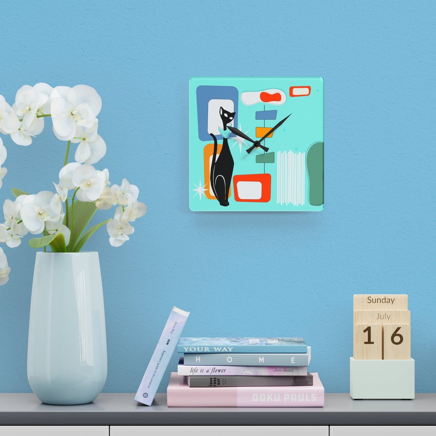 Atomic Cat Mid Century Modern, Geometric Aqua, Retro Acrylic Wall Clock Home Decor