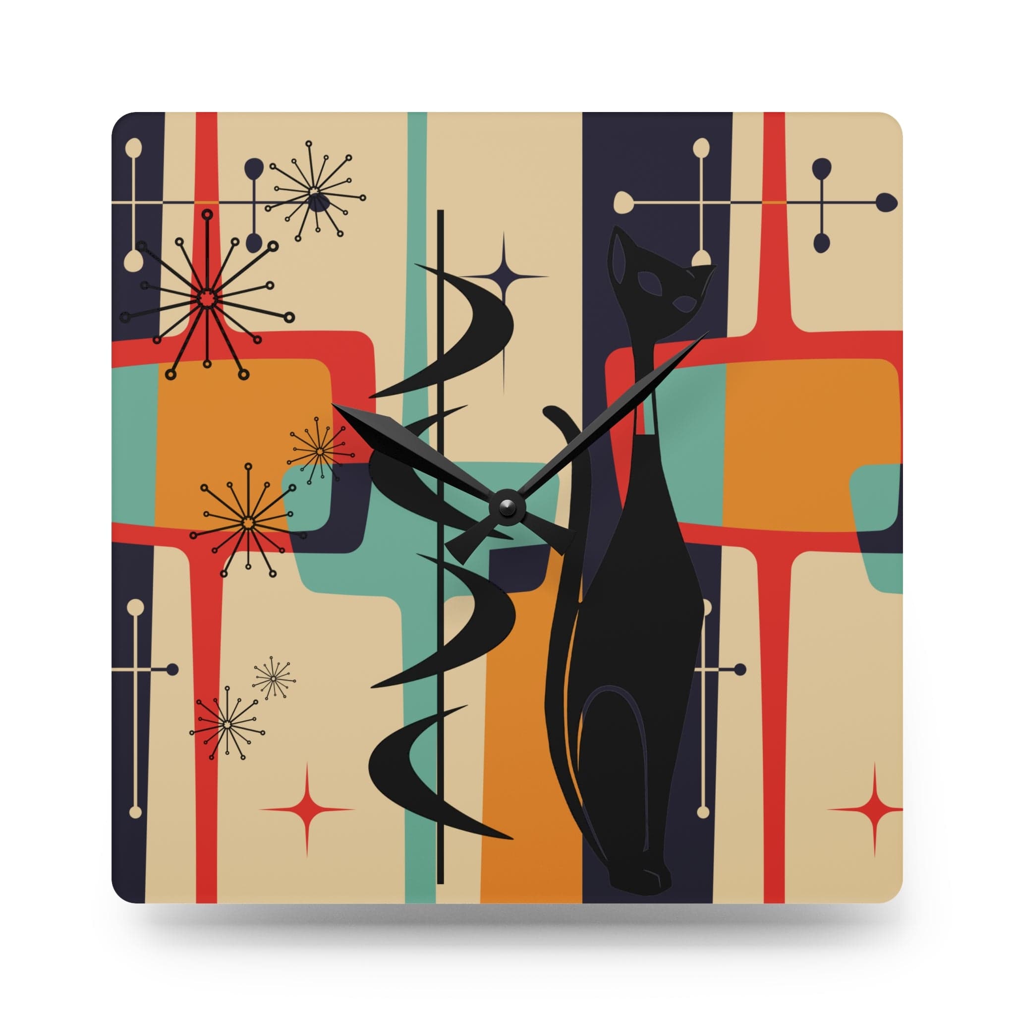 Atomic Cat, Mid Century Modern Geometric Beige, Gray, Burnt Orange, Retro Acrylic Wall Clock Home Decor