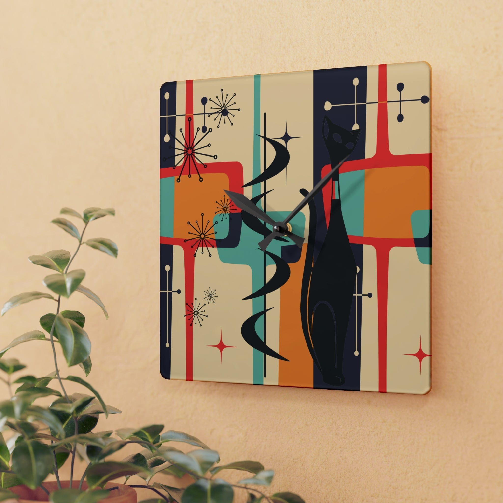 Atomic Cat, Mid Century Modern Geometric Beige, Gray, Burnt Orange, Retro Acrylic Wall Clock Home Decor